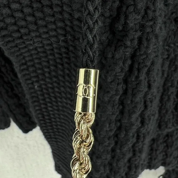 CHANEL 2010 Sweater Womens 34 Black Chain Details Open Cardigan Cotton Chunky - Picture 12 of 16